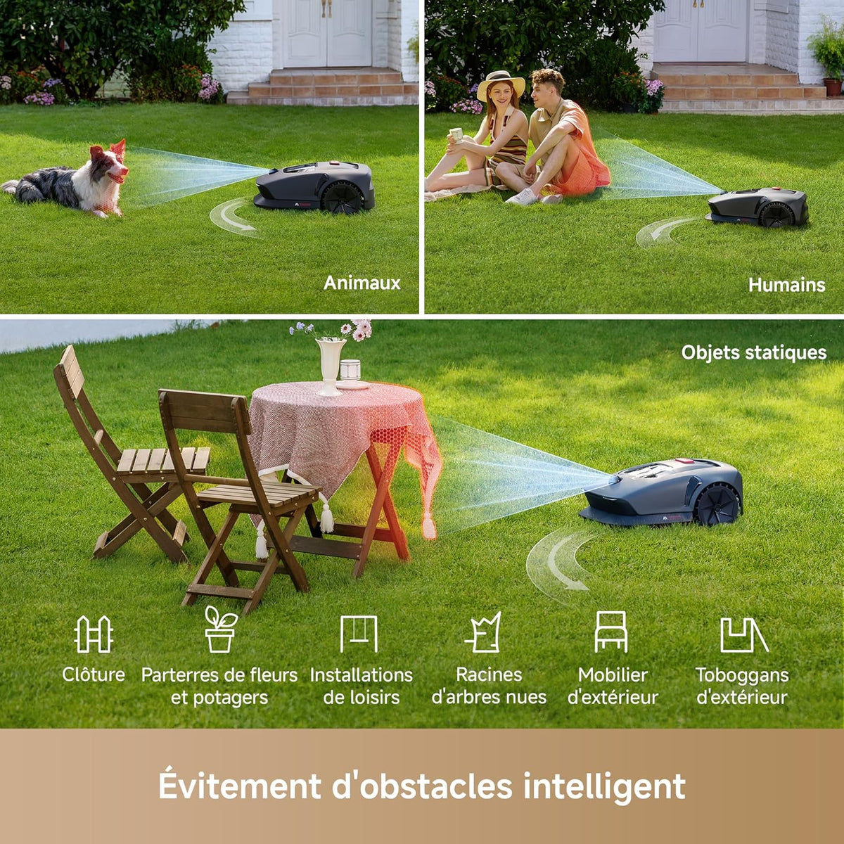 Robot cortacésped inalámbrico MOVA 600, cartografía LiDAR 3D de 360° hasta 600 m², evitación inteligente de obstáculos. Control por aplicación, corte en U, silencioso, alertas de seguridad.