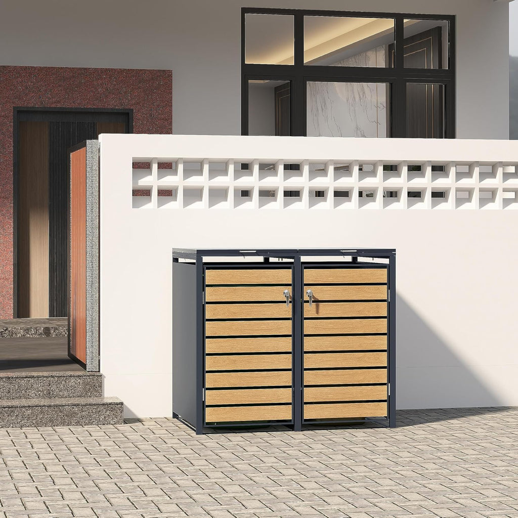 ESTEXO Cubo para contenedores de basura, revestimiento para cubos de basura con tapa, caja de almacenamiento, contenedor de basura, color antracita con decoración de madera (2 puertas)