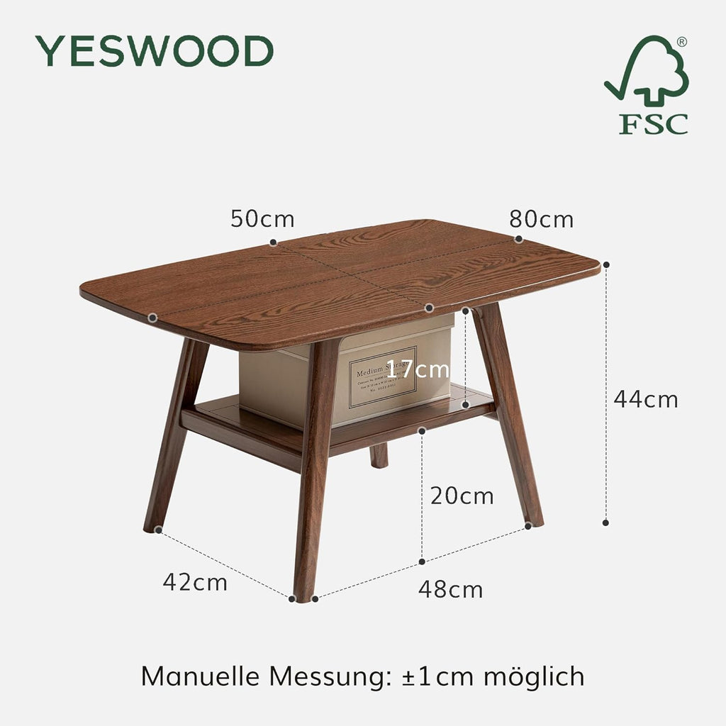 Mesa de centro YESWOOD de madera maciza de roble, mesa de salón con 2 niveles y espacio de almacenamiento, mesa de sofá para sala de estar, 80 x 50 x 44 cm, color nogal