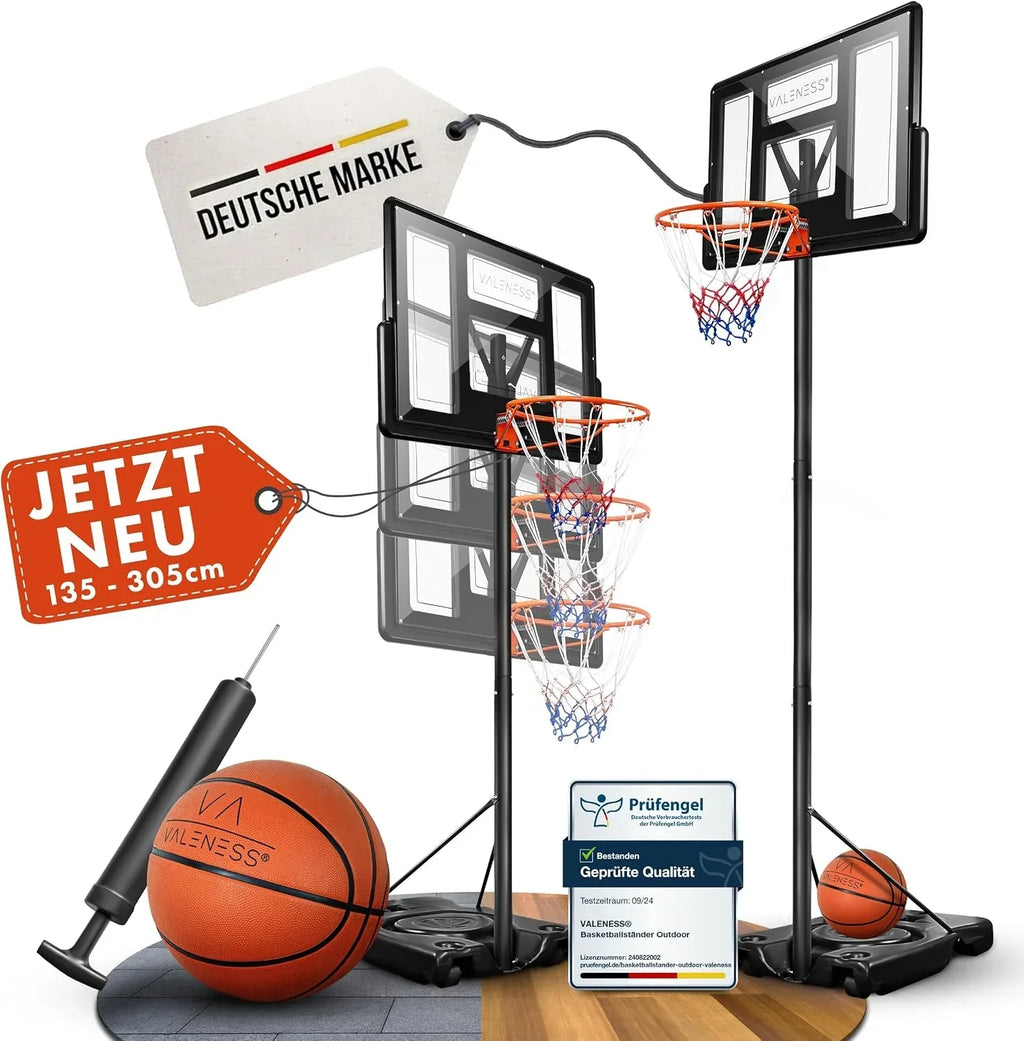 Canasta de baloncesto para exteriores, altura regulable de 135 a 305 cm, soporte de baloncesto independiente con balón de baloncesto talla 7 y bomba de aire BWS2024