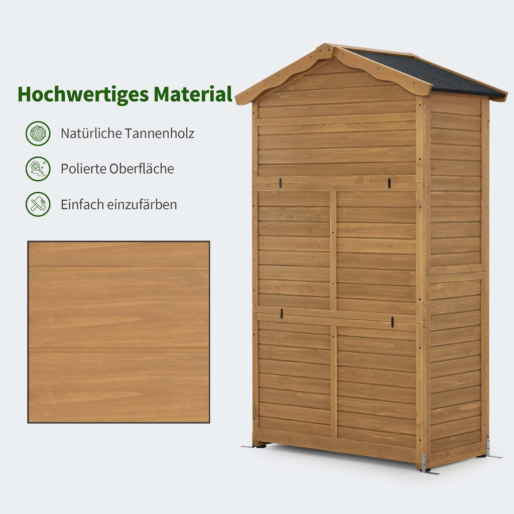 Armario de jardín MCombo, caseta de madera resistente a la intemperie, armario para herramientas de exterior, para jardín y terraza, cobertizo con 2 estantes móviles, 57×109×180 cm, 1152 (natural)