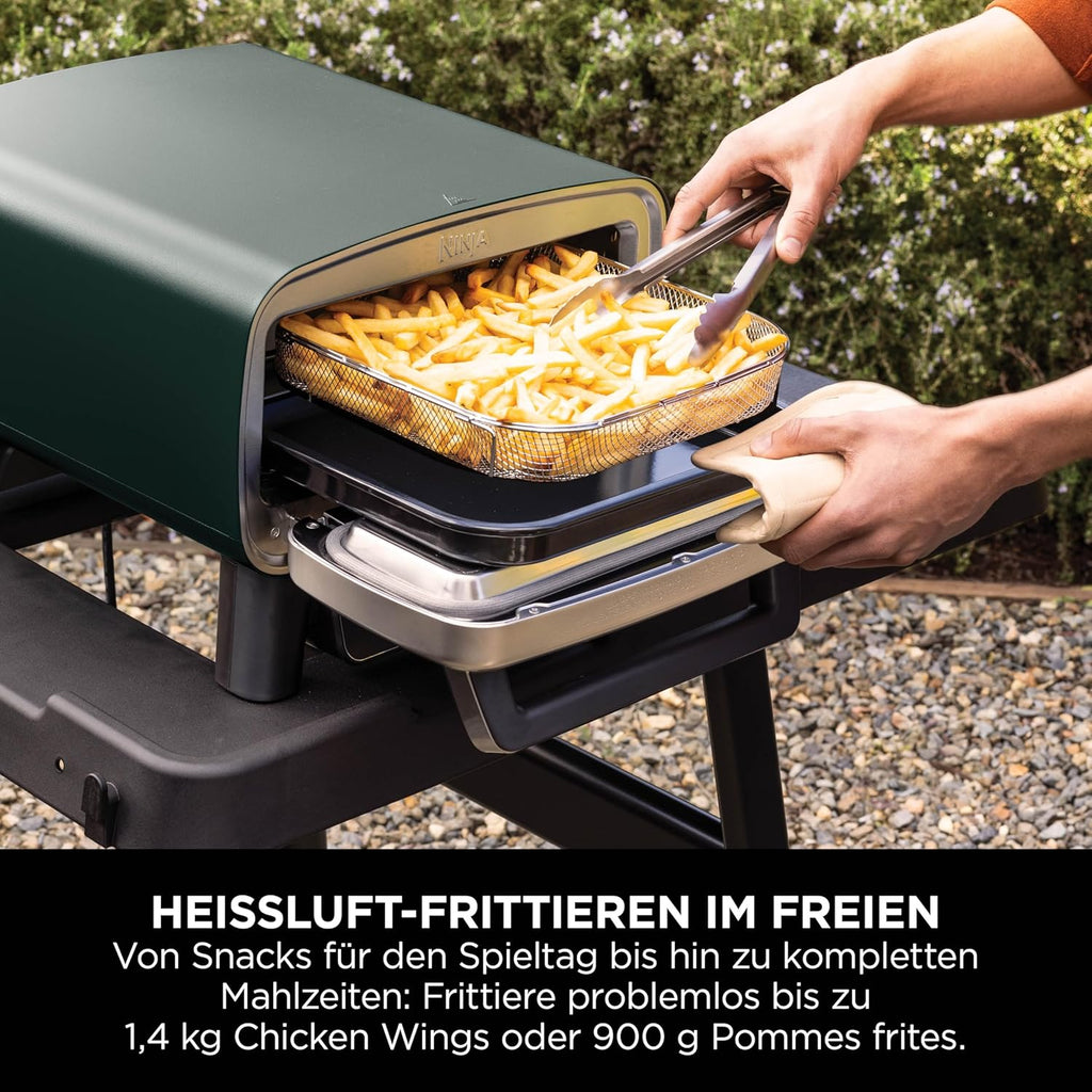 Horno de pizza para exteriores y freidora de aire Ninja Artisan, 4 funciones, tabla de servir, cortador de pizza, piedra para pizza de 30 cm, pala para pizza, bandeja para hornear y cesta para freidora de aire, verde MO201AMZEU