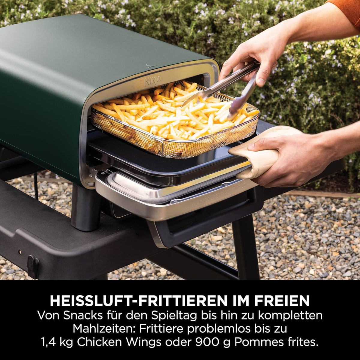 Horno de pizza para exteriores y freidora de aire Ninja Artisan, 4 funciones, tabla de servir, cortador de pizza, piedra para pizza de 30 cm, pala para pizza, bandeja para hornear y cesta para freidora de aire, verde MO201AMZEU
