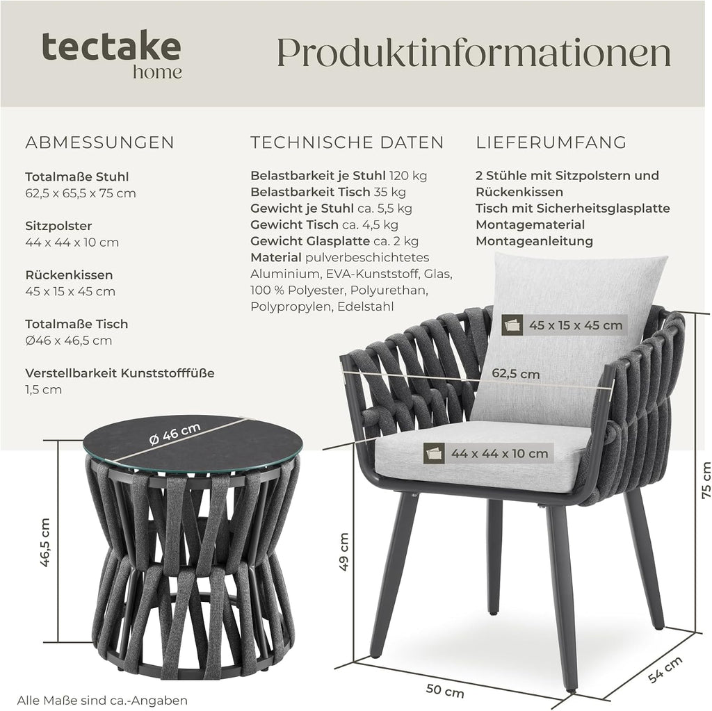 tectake® Gartenmöbel-Set Lugano Rope-Design, Aluminiumgestell, Tisch 2 Stühle, Dicke Sitzpolster, Gartenlounge, Loungemöbel, Gartensitzgruppe, Outdoor Lounge Set, Terrassenmöbel, Balkonmöbel