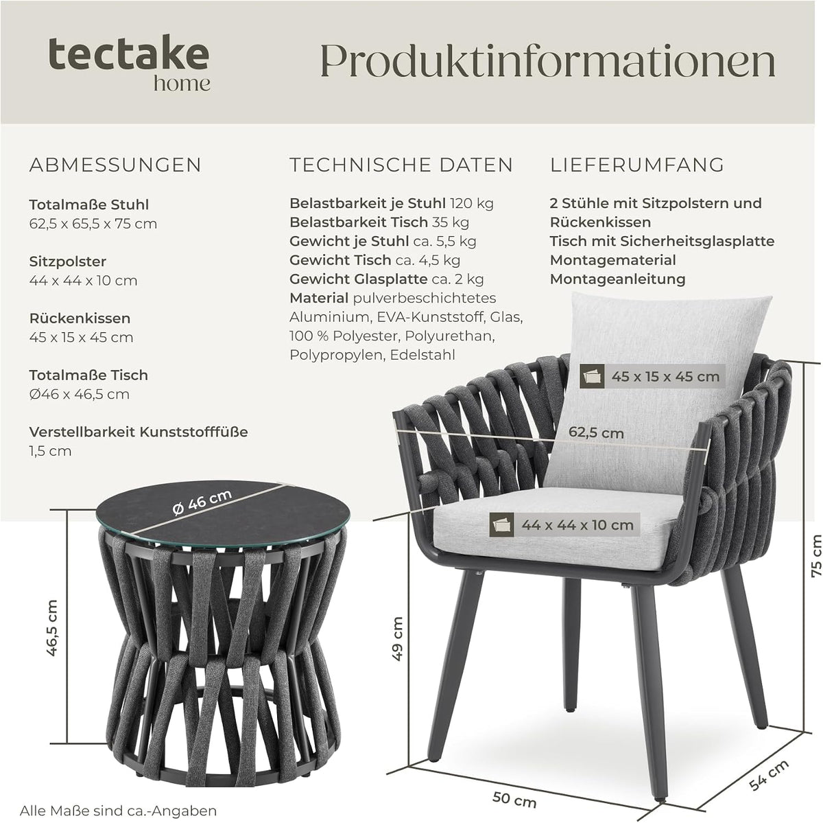 tectake® Gartenmöbel-Set Lugano Rope-Design, Aluminiumgestell, Tisch 2 Stühle, Dicke Sitzpolster, Gartenlounge, Loungemöbel, Gartensitzgruppe, Outdoor Lounge Set, Terrassenmöbel, Balkonmöbel