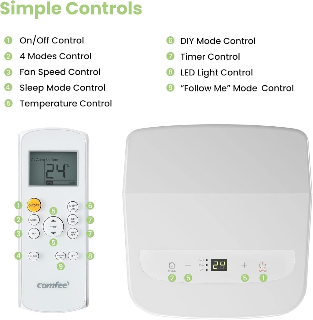 Aire acondicionado portátil Comfee MPPH-09CRN7, 9000 BTU 2,6kW, refrigeración, ventilación y deshumidificación, para habitaciones de hasta 88m³ (33㎡), aire acondicionado portátil con tubo de escape