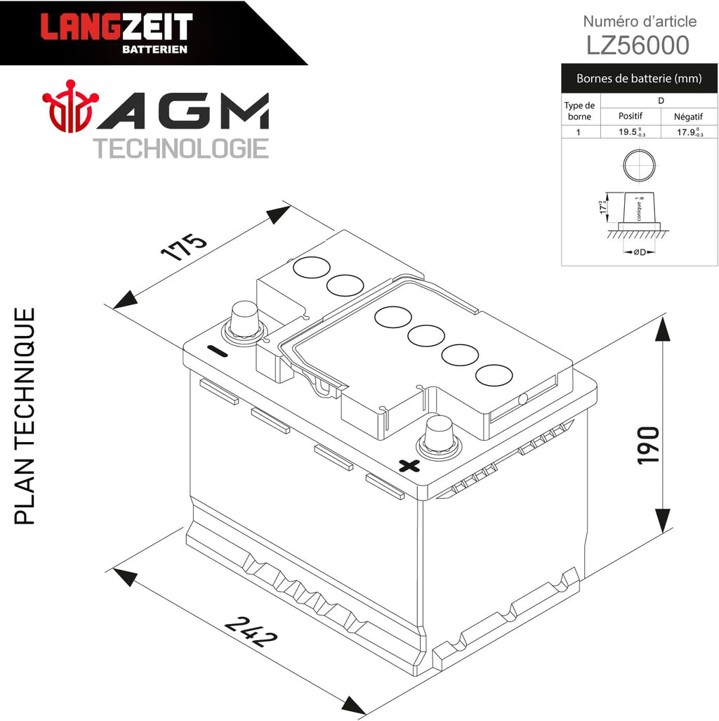 Batería de coche LANGZEIT 60Ah 12V AGM 680A/EN – Batería de automóvil Start-Stop VRLA de alto rendimiento