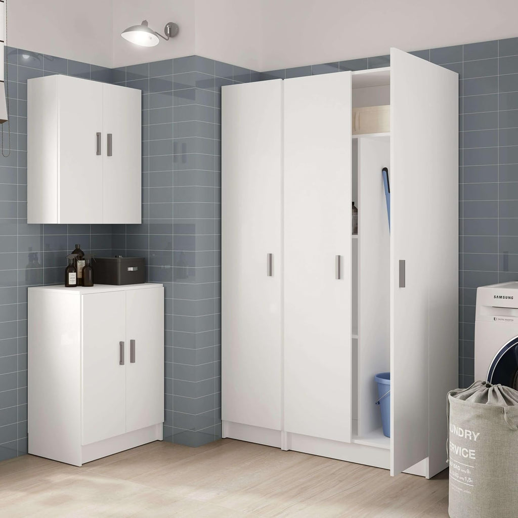 Armario multiusos Habitdesign, modelo escobero de 2 puertas y 3 estantes, 180 x 73 x 37 cm (alto x ancho x fondo), blanco mate
