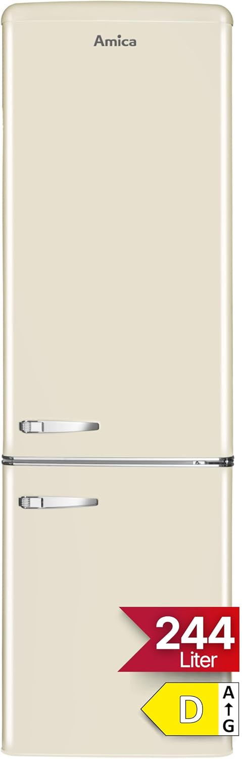 Frigorífico combi retro Amica 244 L 181 x 55 x 61,5 cm KGCR 387 101 B | 181 L frigorífico 63 L congelador, iluminación LED, descongelación automática, cristal de seguridad, botellero cromado, funcionamiento silencioso