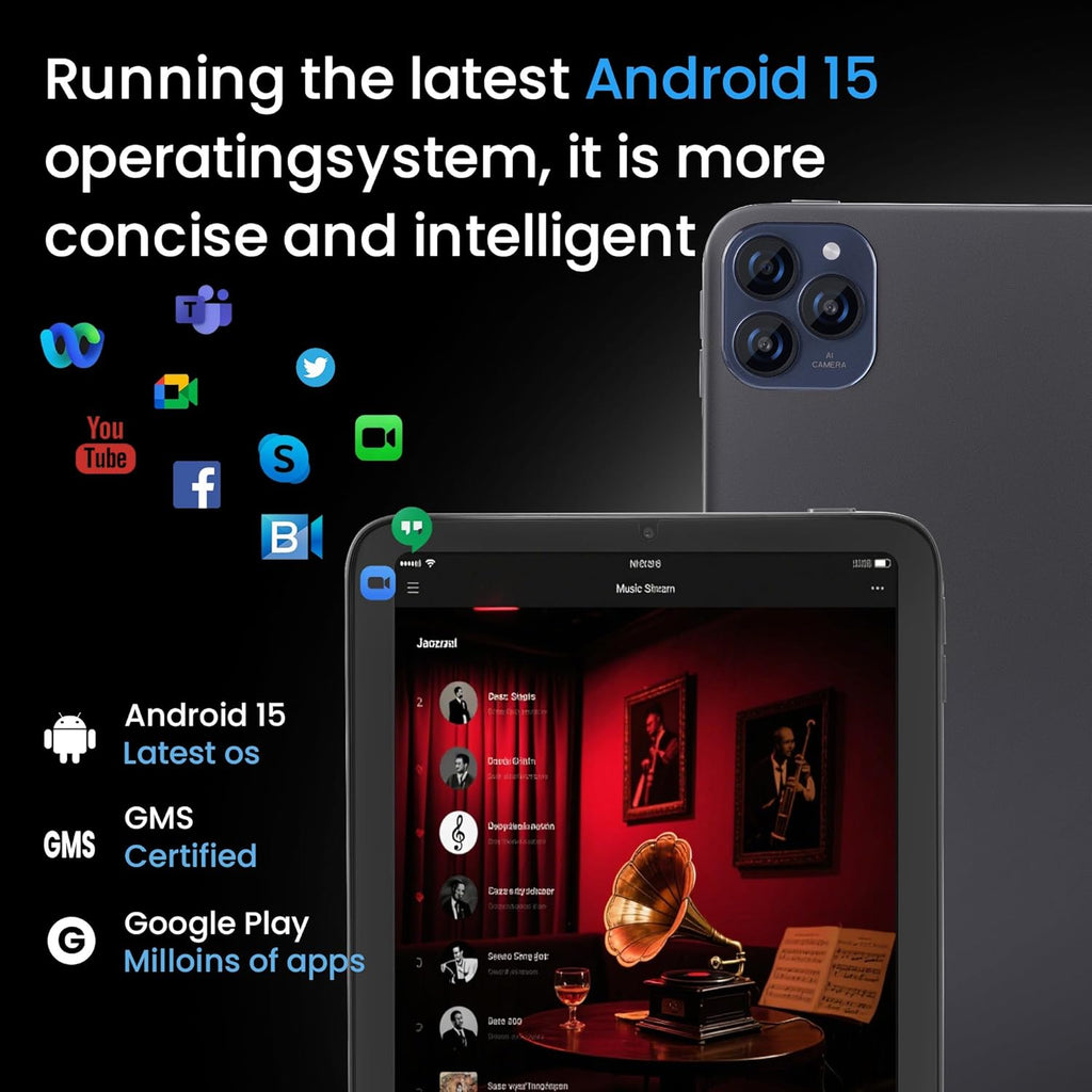 Tableta de 10.1", Android 15, pantalla in-cell, 20 GB (8+12) de RAM, 256 GB de ROM, 1280x800, batería de 6000 mAh, Bluetooth, cámara dual, GMS, WiFi