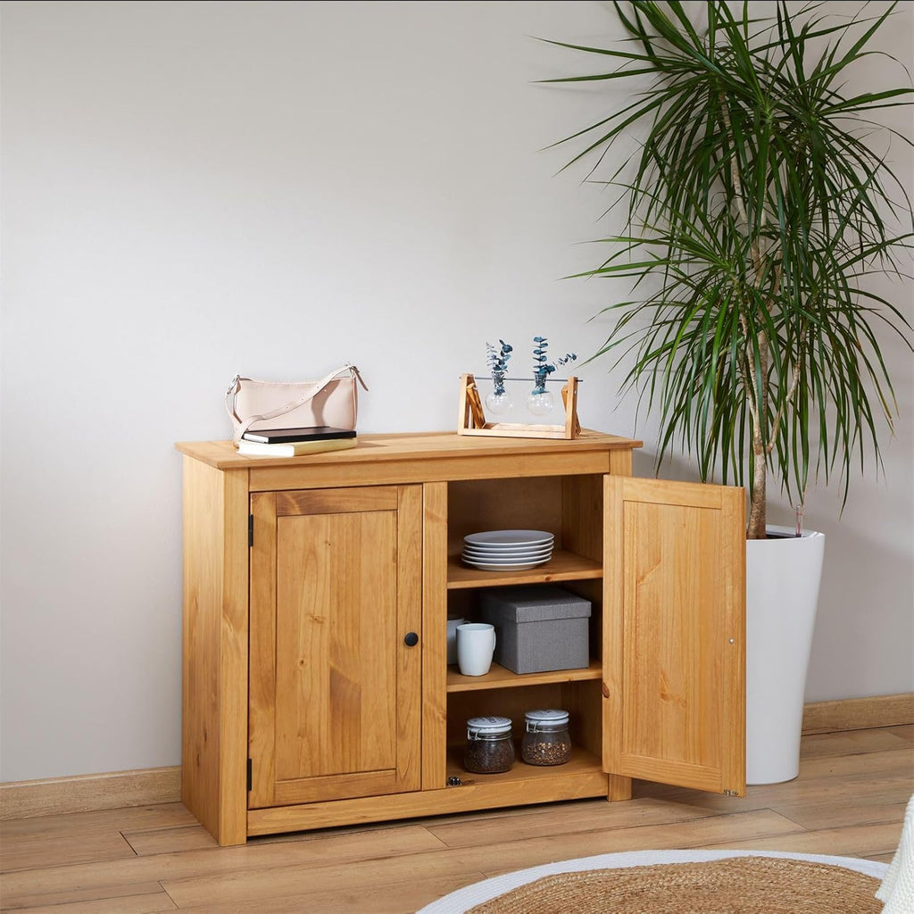 Cómoda CARO-Möbel Cancun, dos puertas, pino natural, madera maciza de pino, tiradores de metal, veteado de madera natural, cómoda para recibidor, armario de madera, mueble de comedor