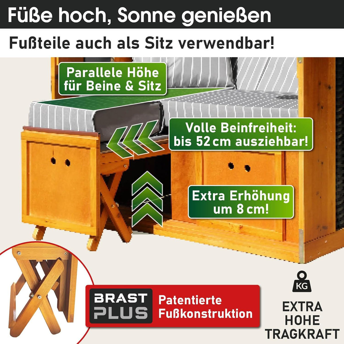 BRAST® Silla de playa Rügen Deluxe | para 2 personas | 120 cm de ancho | 5 diseños | incluye funda protectora resistente a la intemperie | respaldo ajustable y cojín de pies mullido | Antracita/Gris - a rayas
