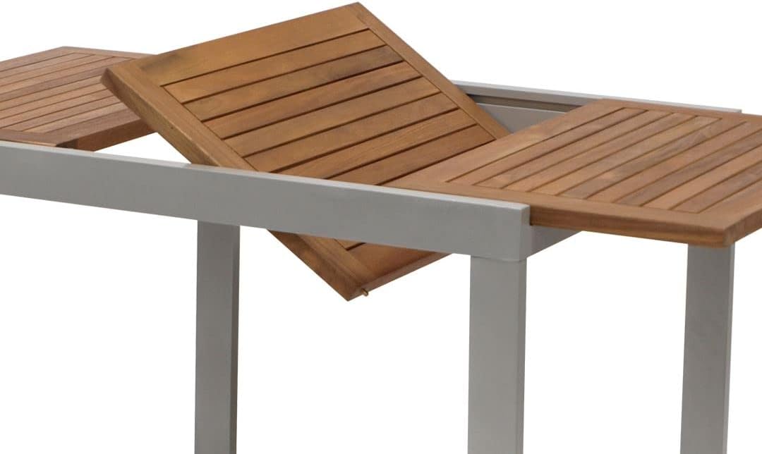 Mesa extensible de balcón Naxos 80/120x70 cm, aluminio gris plateado + acacia aceitada marrón, resistente a la intemperie