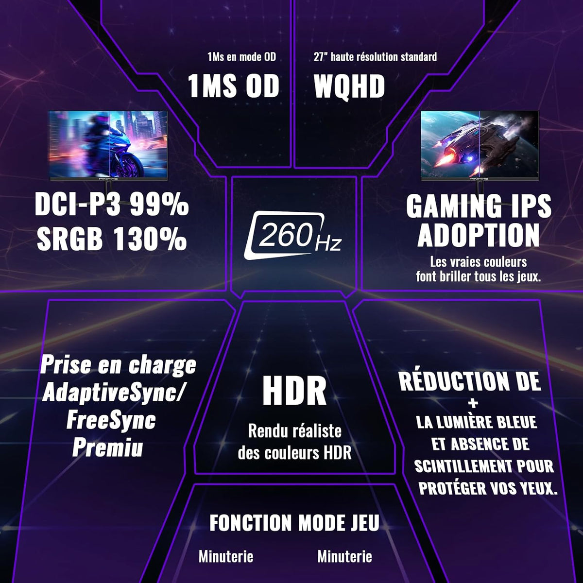 Monitor Gaming Minifire 27", 260Hz, Fast IPS, QHD 2K 2560 x 1440p, 1ms, Pantalla blanca, Freesync, 130% sRGB, HDR10, Baja luz azul, VESA 100x100, 2×DP1.4/2×HDMI 2.0 - Negro