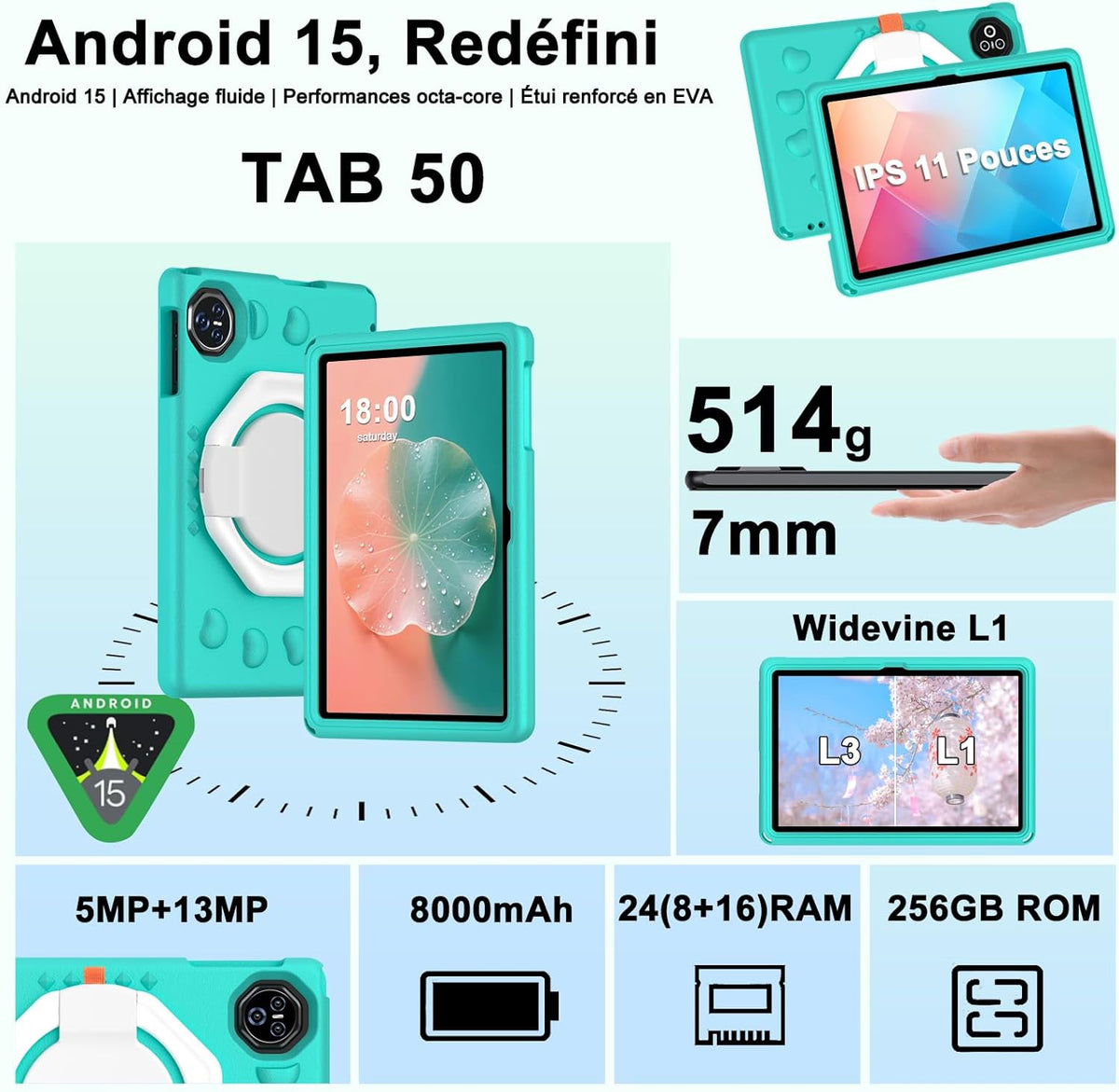 Tableta Android 15 de 2026 con funda protectora de silicona EVA, 24 GB + 256 GB/2 TB, tableta de 11 pulgadas octa-core, Gemini AI/Widevine L1, 8000 mAh, 13 MP + 5 MP, carcasa metálica, tableta grande para niños - Verde