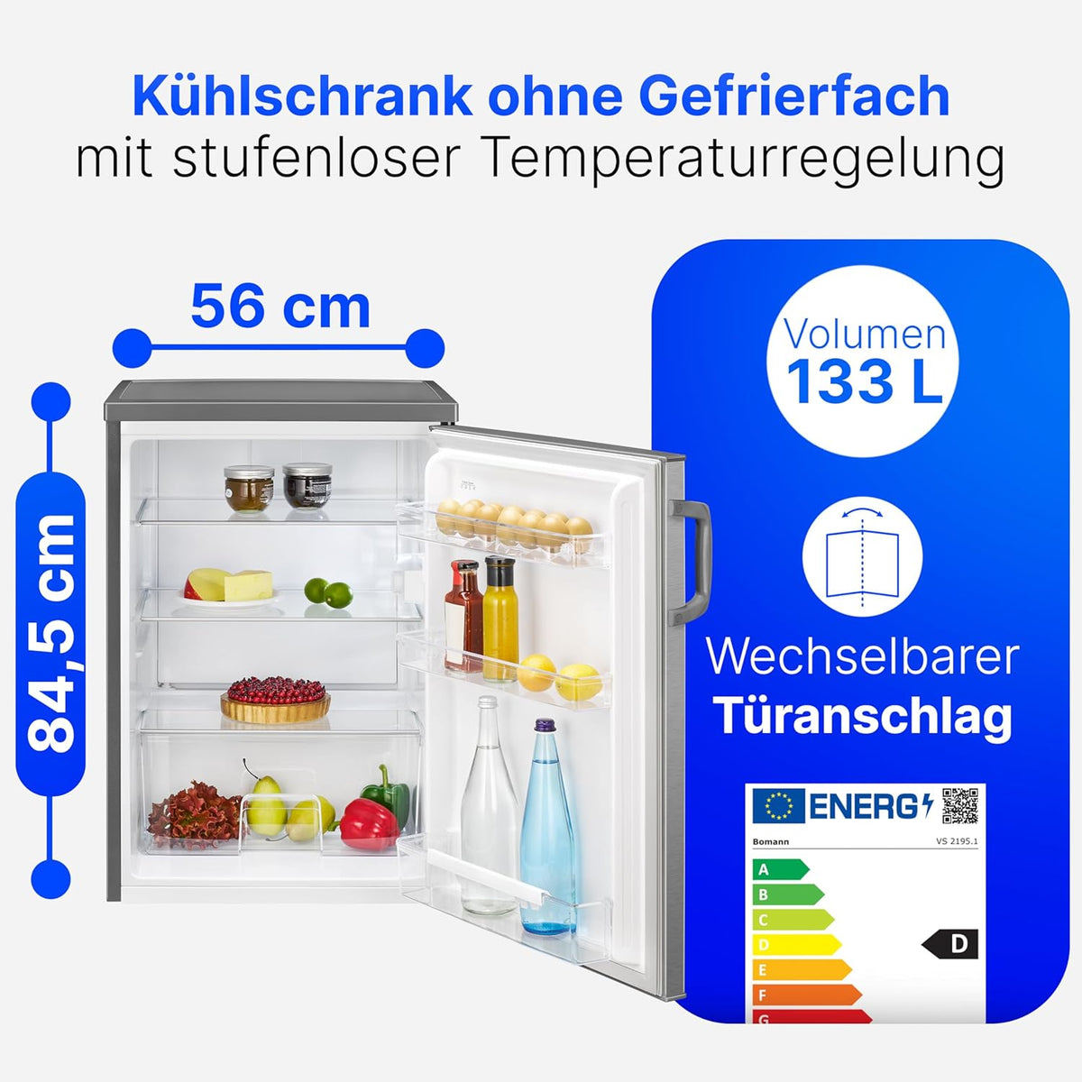 Refrigerador Bomann® sin congelador | Clase energética D | 85cm | silencioso 39dB | 3 estantes | puerta reversible | 133L | frigorífico pequeño con cajón para verduras | frigorífico estándar | VS 2195.1 inox