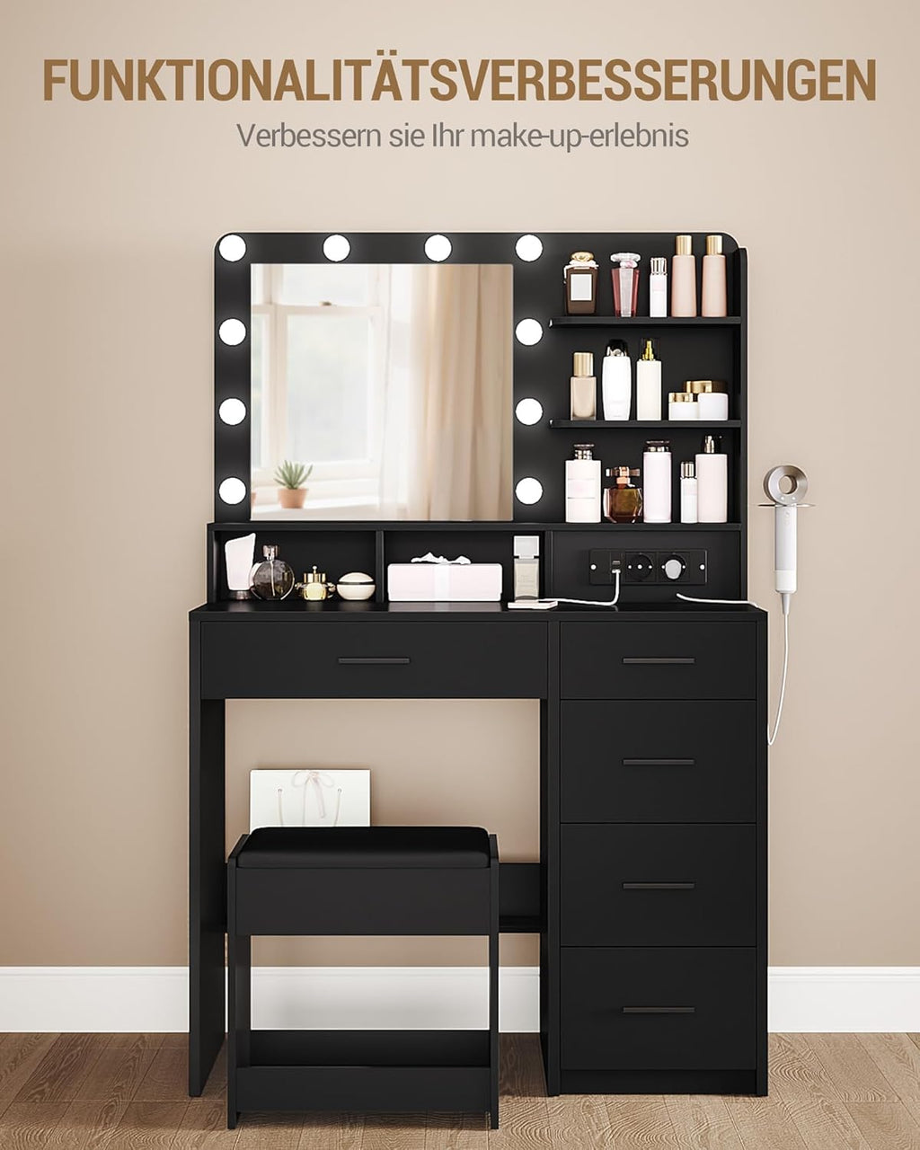 Tocador Hzuaneri con 10 luces LED, taburete, mesa de maquillaje con espejo grande, tocadores con enchufe, soporte para secador de pelo y varios cajones, negro, DT39006X