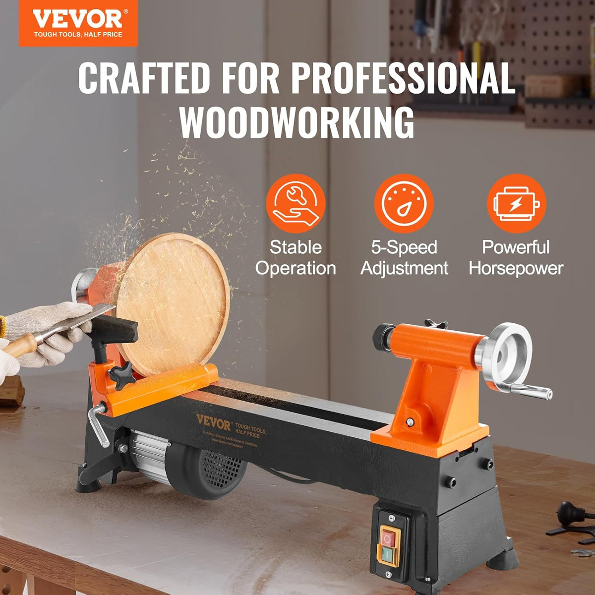 VEVOR Tour à Bois Établi 254x455 mm Tour à Bois Électrique 370 W 0,5 CV 5 Vitesses Réglables 680/1100/1600/2200/3200 tr/min Tige Injection Clés Plaque Patins Outil Rotatif Travail pour Bois Bricolage