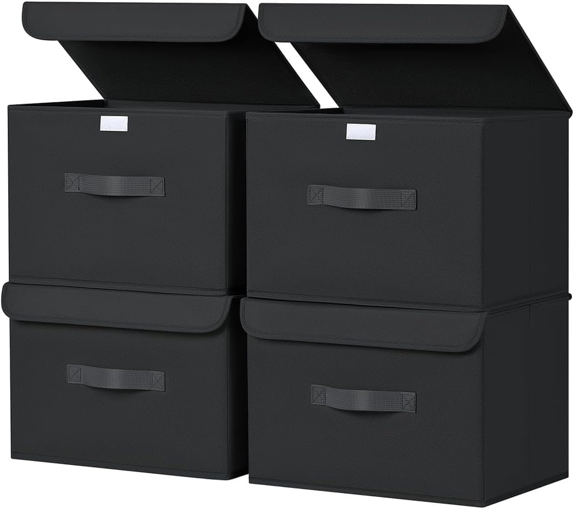 Homsorout Pudełka do przechowywania z pokrywkami - zestaw 4 składanych pojemników z uchwytami, pudełka do szafy, 38 x 25 x 25 cm Organizery na ubrania, półki, czarne