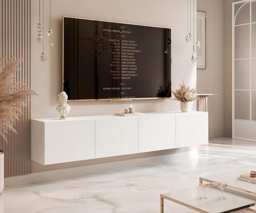 Mueble de TV de 200 cm, blanco mate, con 4 compartimentos grandes prácticos e iluminación LED - Mueble de TV colgante ideal para salones con estilo