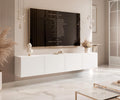 Mueble de TV de 200 cm, blanco mate, con 4 compartimentos grandes prácticos e iluminación LED - Mueble de TV colgante ideal para salones con estilo