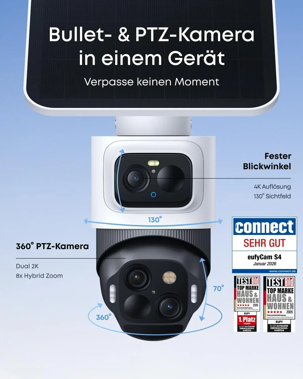 Cámara de seguridad exterior eufy S4 4K UHD, visión nocturna a color, zoom híbrido 8x, solar, seguimiento automático multicámara de 360° para HomeBase S380