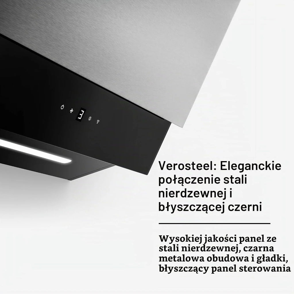 Klarstein Okap kuchenny, Verosteel 60 cm – Okap przyścienny skośny, 624 m³/h, energooszczędny A++, dotykowy, LED, cichy, ze stali nierdzewnej i szkła, filtr przystosowany do mycia w zmywarce