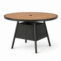 Mesa de jardín redonda con orificio para sombrilla y cesta de almacenaje, Ø 110 × Al 75 cm, marrón/negro