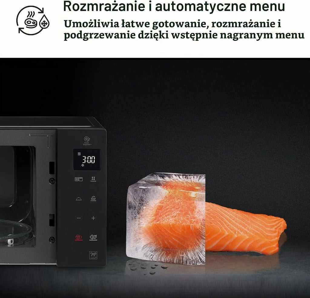 LG MH6535GDS Kuchenka mikrofalowa z grillem i inteligentnym falownikiem, 25 l, 1000 W, grill 900 W, automatyczne programy, Easy Clean, czarna