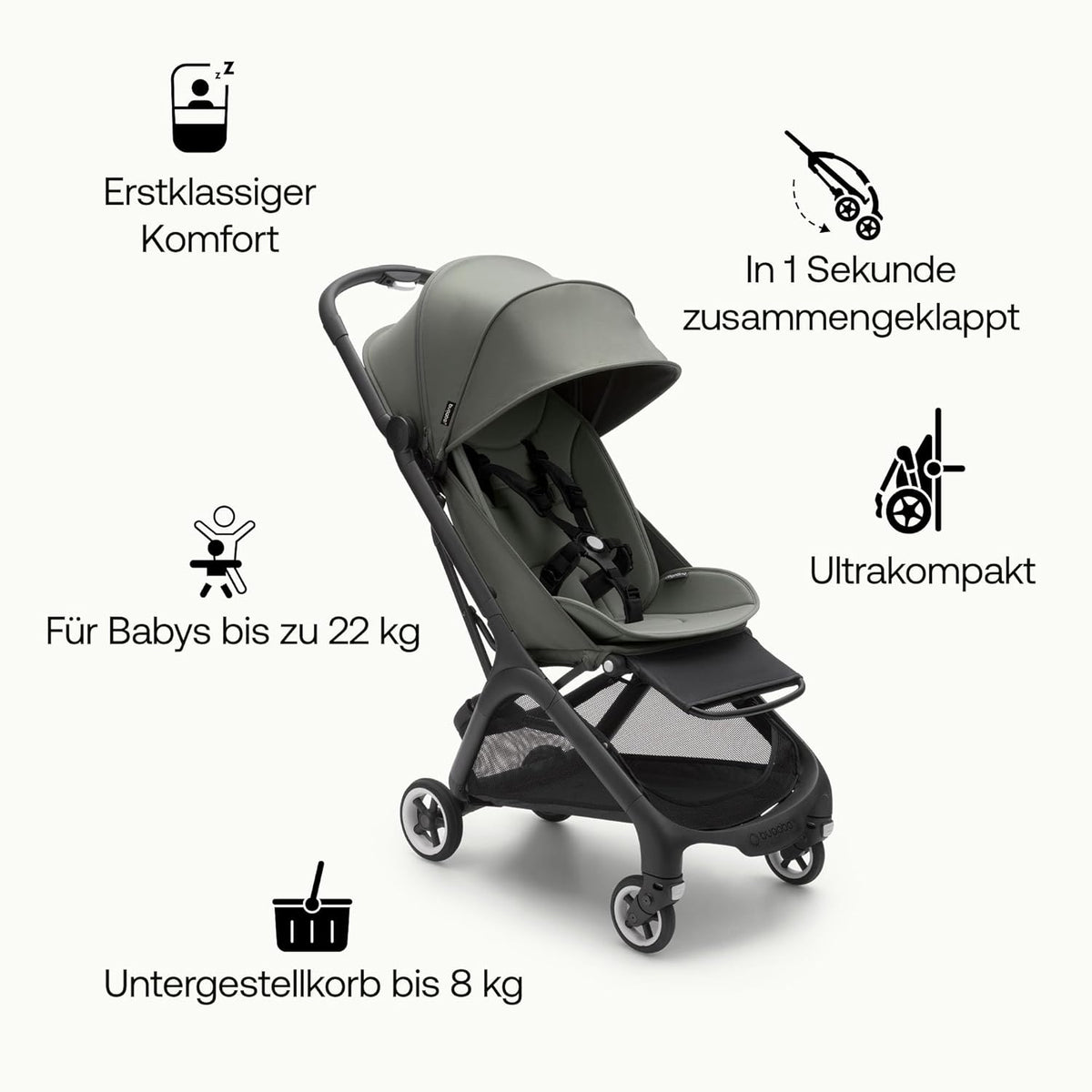Cochecito de viaje ultracompacto Bugaboo Butterfly, pequeño y ligero, plegable con una sola mano y fácil de maniobrar, cochecito urbano ergonómico para bebés a partir de 6 meses, con mucho espacio de almacenamiento, Stormy Blue