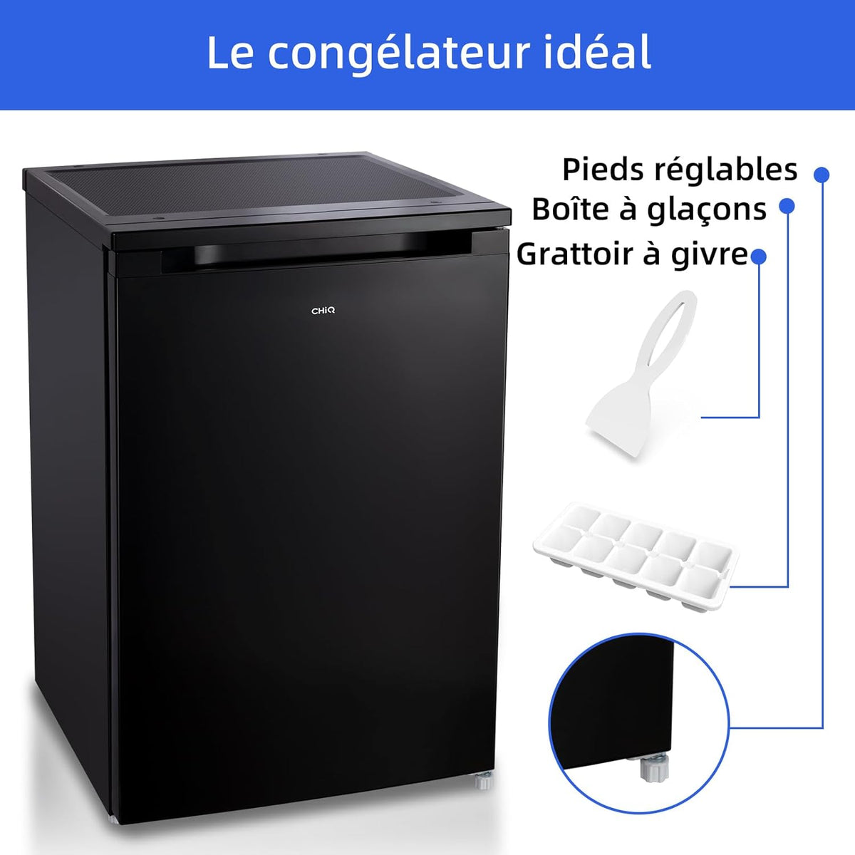 Congélateur vertical CHIQ de 85 L, mini congélateur à porte simple, porte réversible, thermostat réglable, petit congélateur pour la cave, la maison, la résidence étudiante, l'appartement ou le bureau