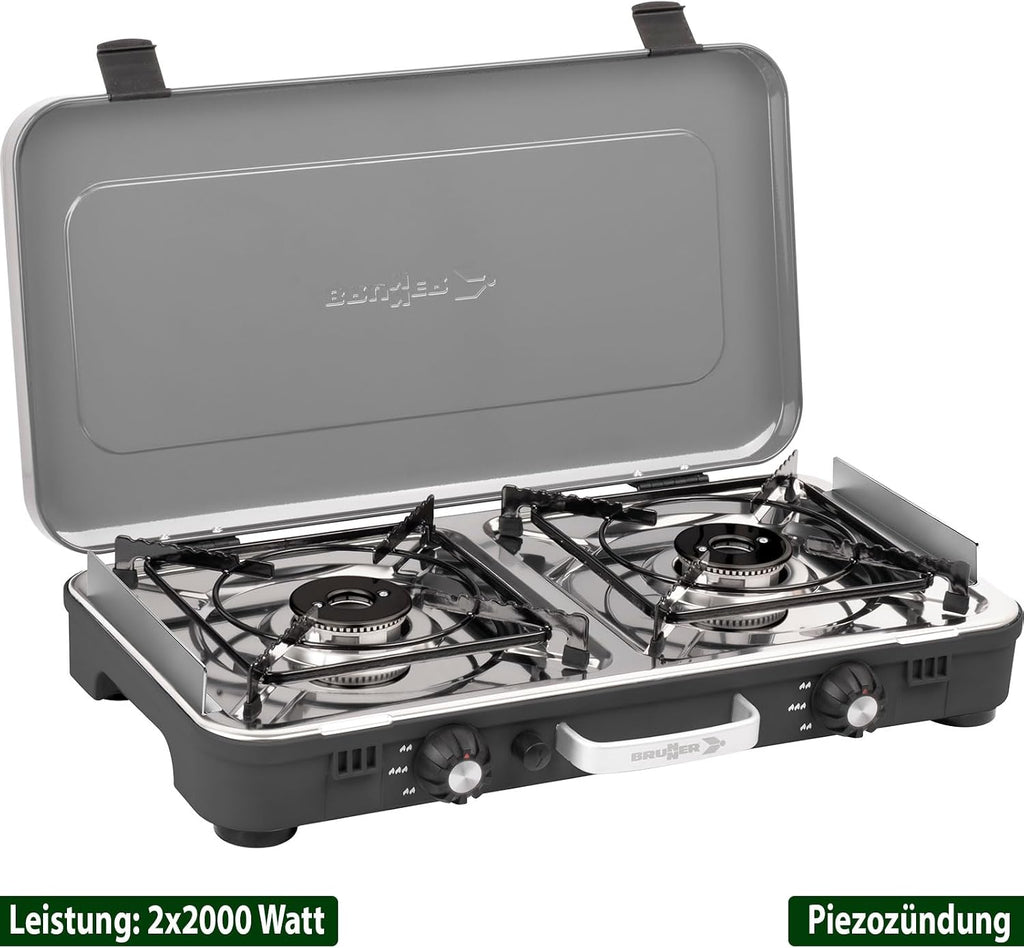 BRUNNER: Hornillo de camping de mesa 2 en 1 de 2 fuegos de acero inoxidable, barbacoa de gas y cocina de gas - POWERKOOK 50mbar con 1 cacerola + 1 plancha - con regulador de gas y manguera de gas