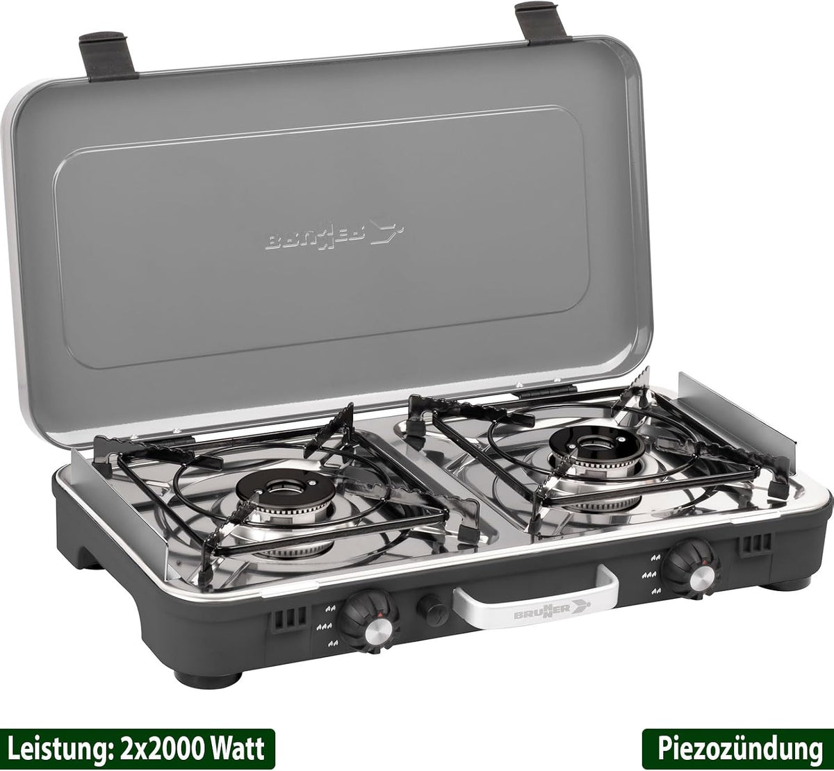 BRUNNER: Hornillo de camping de mesa 2 en 1 de 2 fuegos de acero inoxidable, barbacoa de gas y cocina de gas - POWERKOOK 50mbar con 1 cacerola + 1 plancha - con regulador de gas y manguera de gas