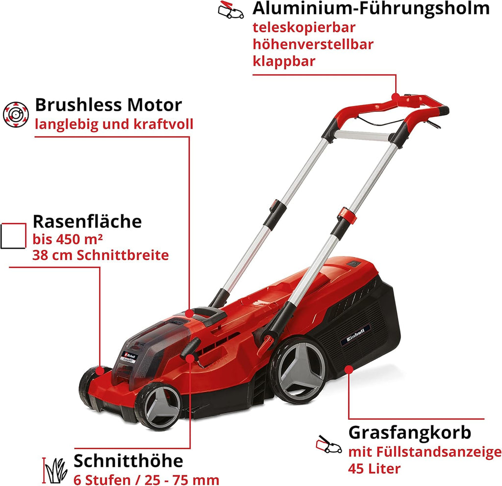 Cortacésped inalámbrico Einhell RASARRO 36/38 Kit Power X-Change (36 V, 38 cm de ancho de corte, 450 m², sin escobillas, función de mulching, bolsa colectora de 45 l, incl. 2 baterías de 4,0 Ah + cargador doble)