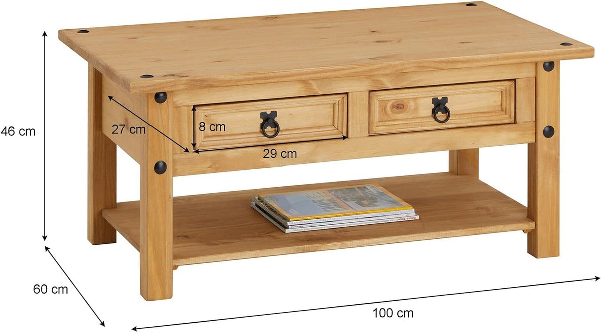 Mesa de centro Salsa de CARO-Möbel IDIMEX, madera maciza de pino, dos cajones y estante, natural