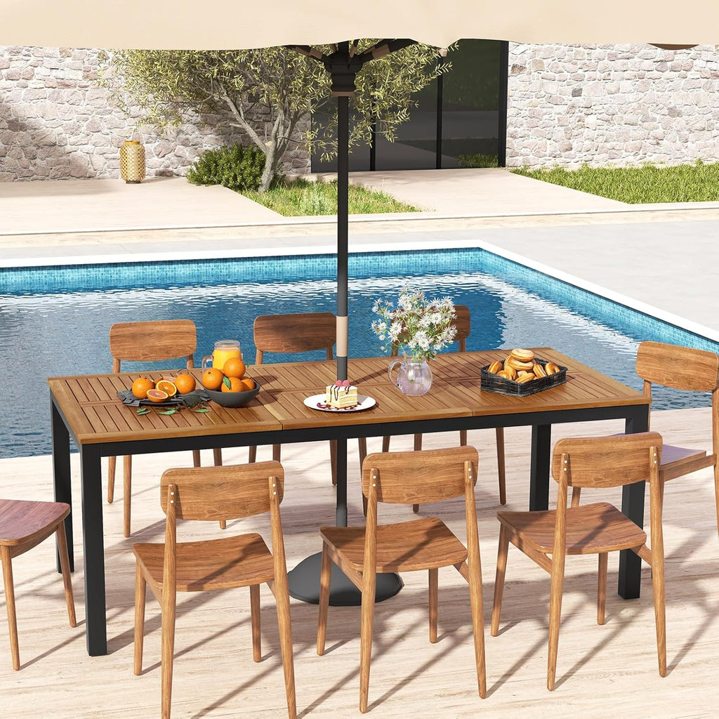 Mesa de jardín COSTWAY con orificio para sombrilla, 200x90 cm, mesa de terraza grande para 8 personas, mesa de balcón rectangular con tablero de madera de acacia, mesa de comedor al aire libre para jardín, terraza
