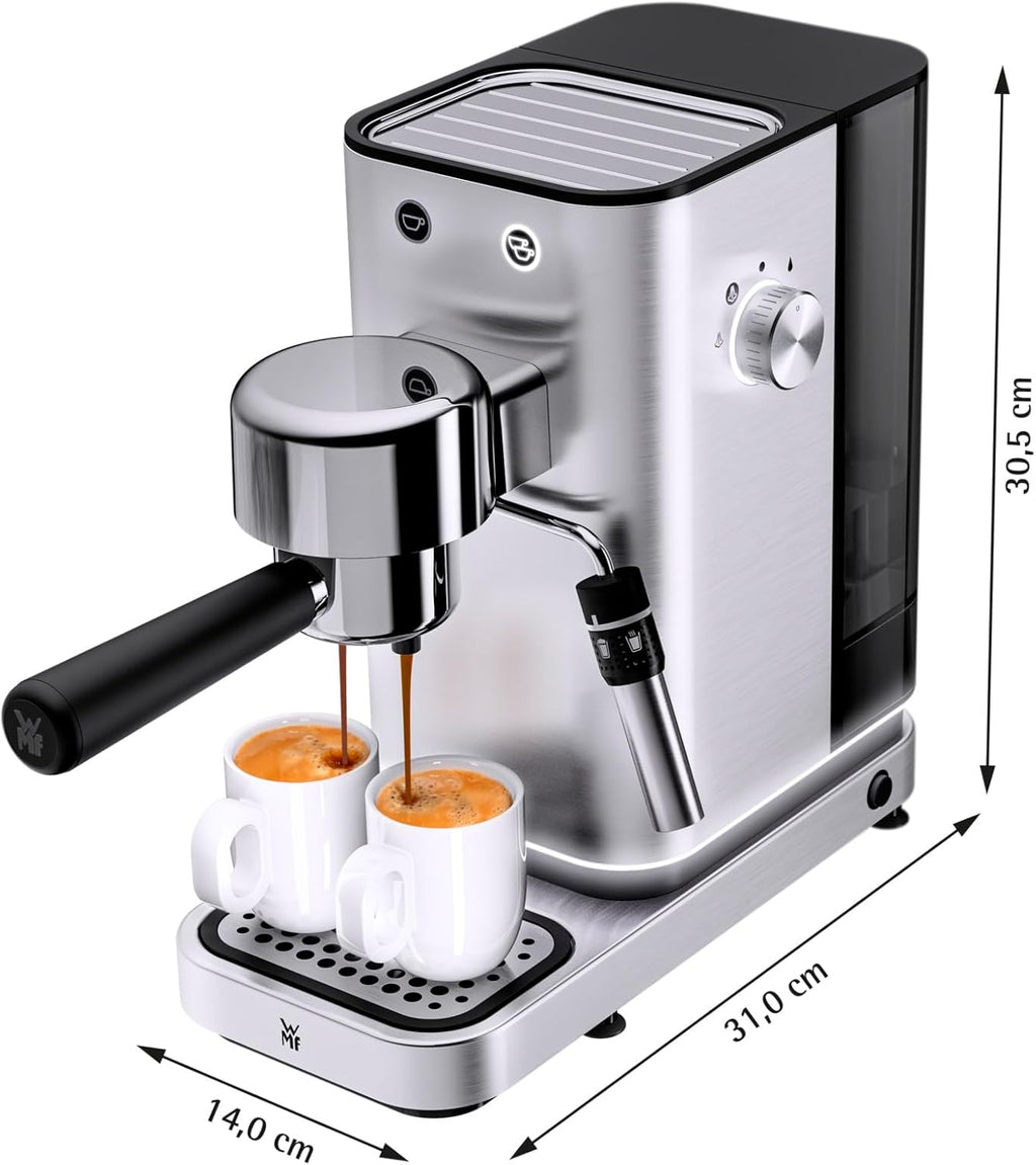 Cafetera espresso de brazo WMF Lumero 1400 vatios, máquina de café espresso, 3 filtros, para 1-2 tazas de espresso, también para monodosis, 15 bares, superficie calientatazas, boquilla para espuma de leche, acero inoxidable mate