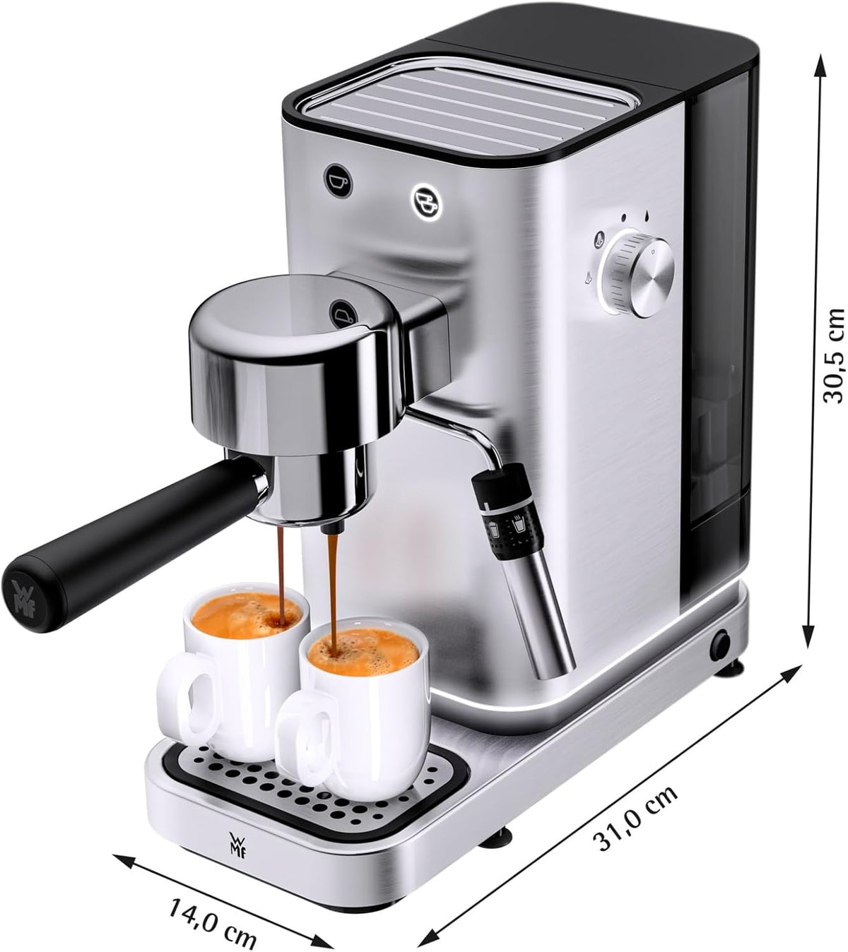 Cafetera espresso de brazo WMF Lumero 1400 vatios, máquina de café espresso, 3 filtros, para 1-2 tazas de espresso, también para monodosis, 15 bares, superficie calientatazas, boquilla para espuma de leche, acero inoxidable mate