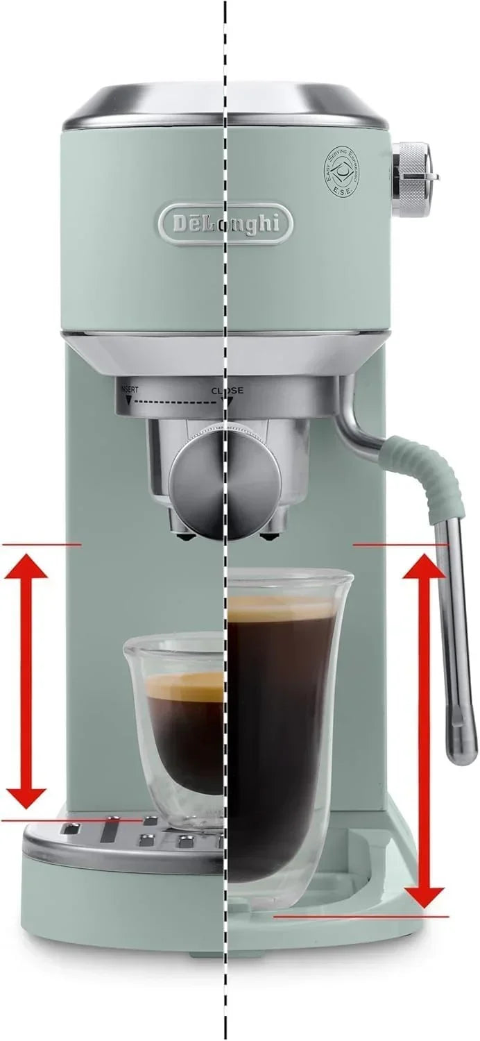 De'Longhi Dedica – Cafetera de bomba de acero inoxidable para café molido o monodosis, espresso y capuchino, depósito de 1,3 litros, sistema antigoteo, modelo EC685.M, color metal