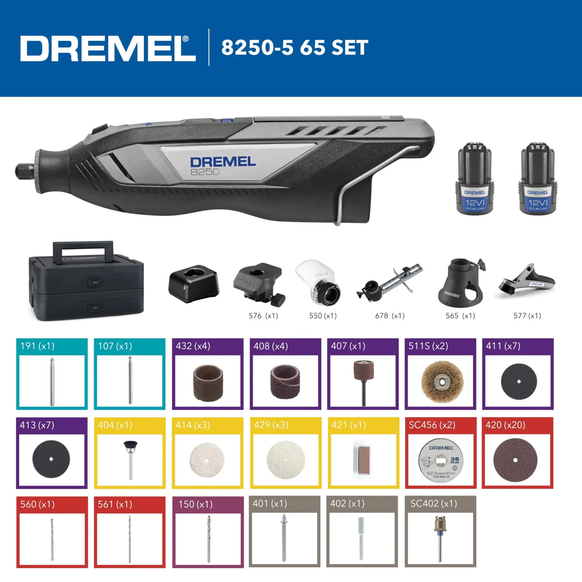 Herramienta rotativa inalámbrica DREMEL 8250 de 12V sin escobillas, 5.000 a 30.000 rpm, 65 accesorios, 2 baterías y cargador