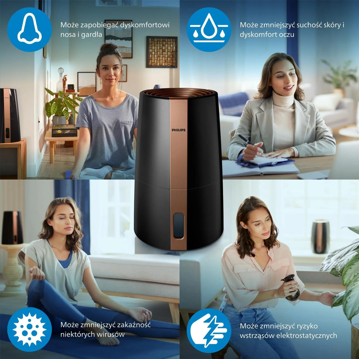 Philips Nawilżacz Ewaporacyjny serii 3000, do 45 m², NanoCloud, 3 l, Czarny