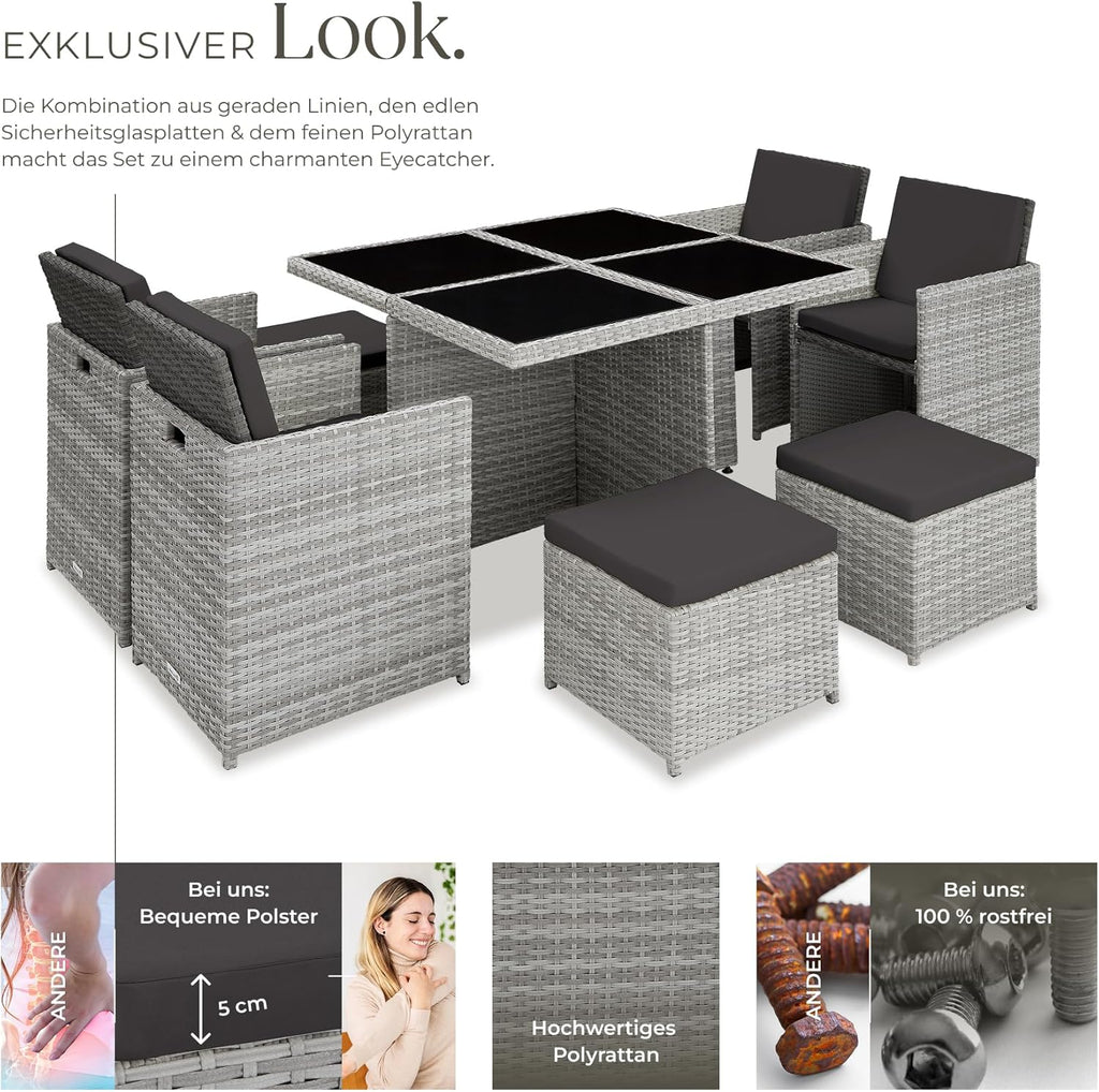 tectake® Juego de muebles de salón, 4 sillas, 4 taburetes, 1 mesa, almacenamiento en cubo que ahorra espacio, muebles de jardín de ratán para exterior, balcón, jardín y terraza, con funda y fundas de repuesto - gris claro