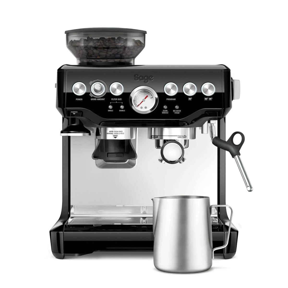 Cafetera Sage Barista Express con molinillo y espumador de leche, molienda automática, espuma de leche, negro