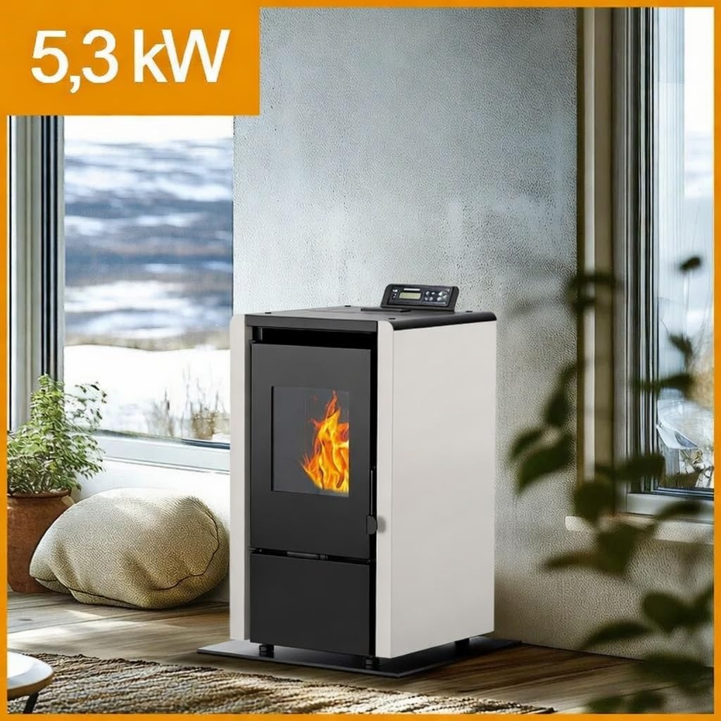 Estufa de pellets NEMAXX® PC5 5,3 kW A+ hasta 120 m³ – Modo crono y ECO, compatible con WiFi (aplicación opcional), pantalla y mando a distancia, combustión por presión negativa, protección contra sobrecalentamiento y apagado automático – Gris