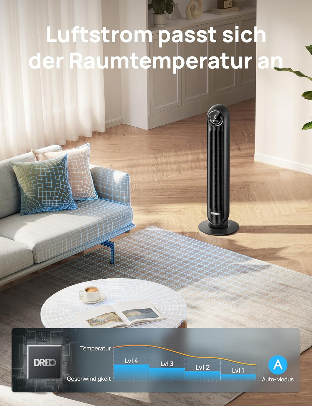 Ventilador de torre inteligente y silencioso DREO, control por APP y voz, ventilador oscilante de 90° con mando a distancia, 4 modos, 4 velocidades, temporizador de 8 h, Nomad One S, negro