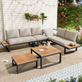 Set de muebles de jardín, posición en esquina, con función de inclinación ajustable (5 niveles, hasta 55°), tubo de acero galvanizado, tablero de mesa de madera plástica, con dos mesas de centro, beige + gris