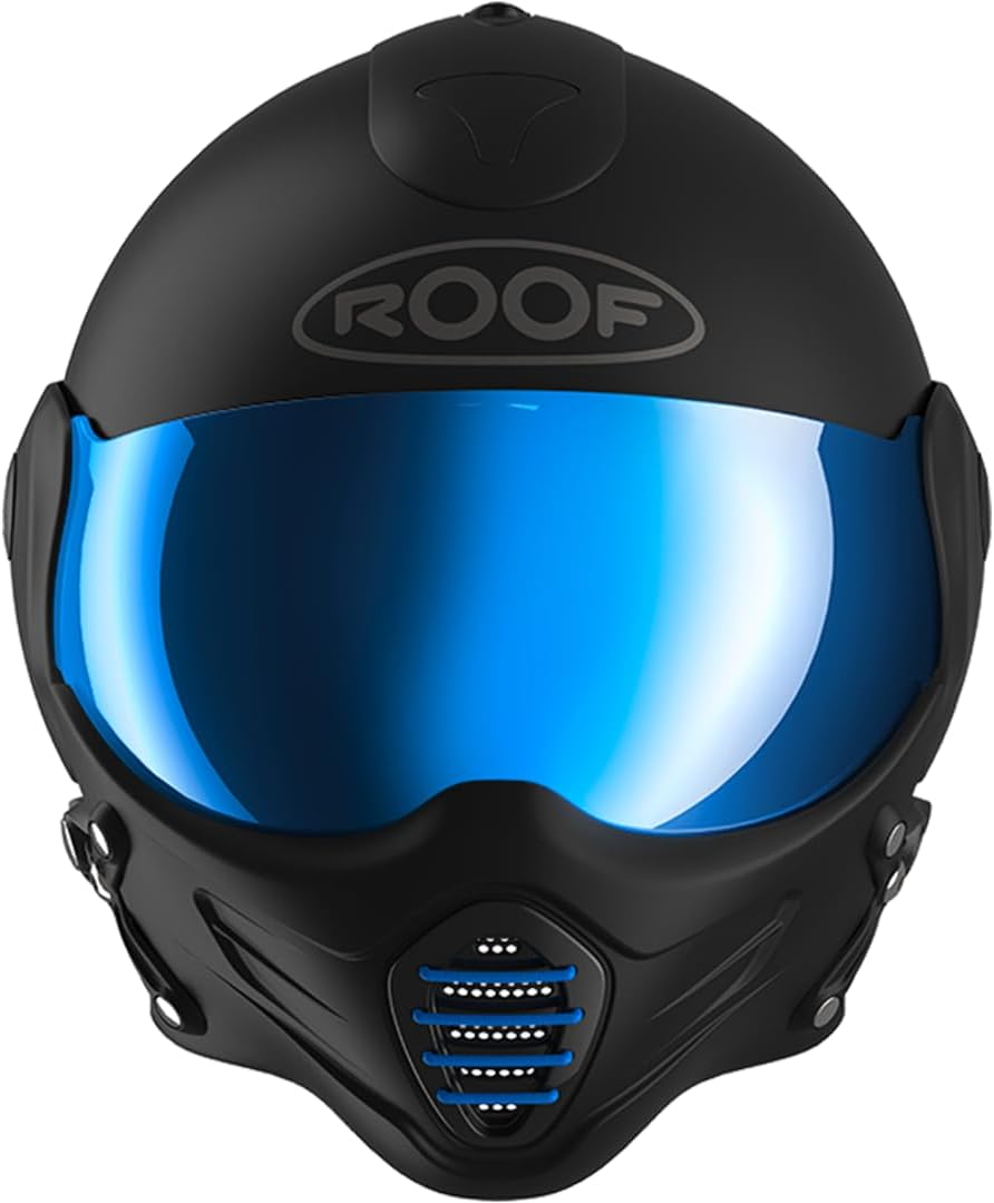 Casco de moto jet de alta gama ROOF Roadster de fibra de vidrio con mentonera magnética extraíble, pantalla iridio incluida – Color Iron negro mate/azul - Venta directa de fábrica - Garantía de 4 años