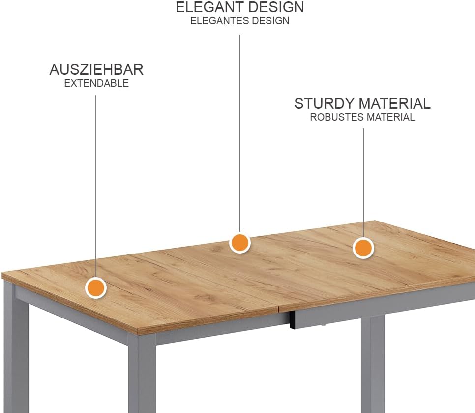 Mesa de comedor Vicco Granny, roble/gris, 120 x 70 cm extensible, con función de extensión para longitudes de mesa variables