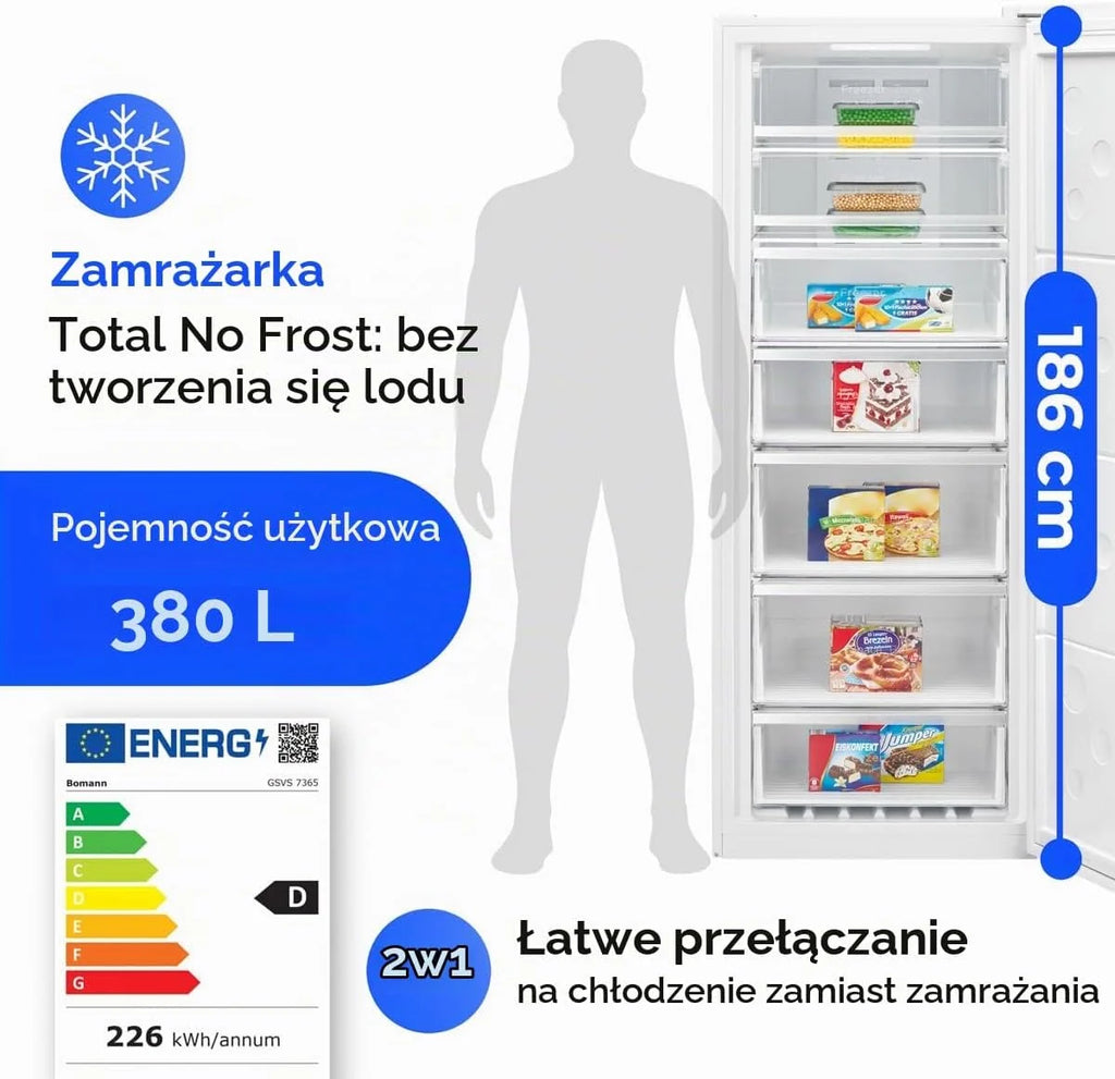 Zamrażarka Bomann® NoFrost, Szerokość 70 cm, 2 w 1 – możliwość przekształcenia w funkcję chłodzenia, Wysokość 186 cm, Klasa energetyczna D, Głęboka zamrażarka, 5 szuflad i 2 komory
