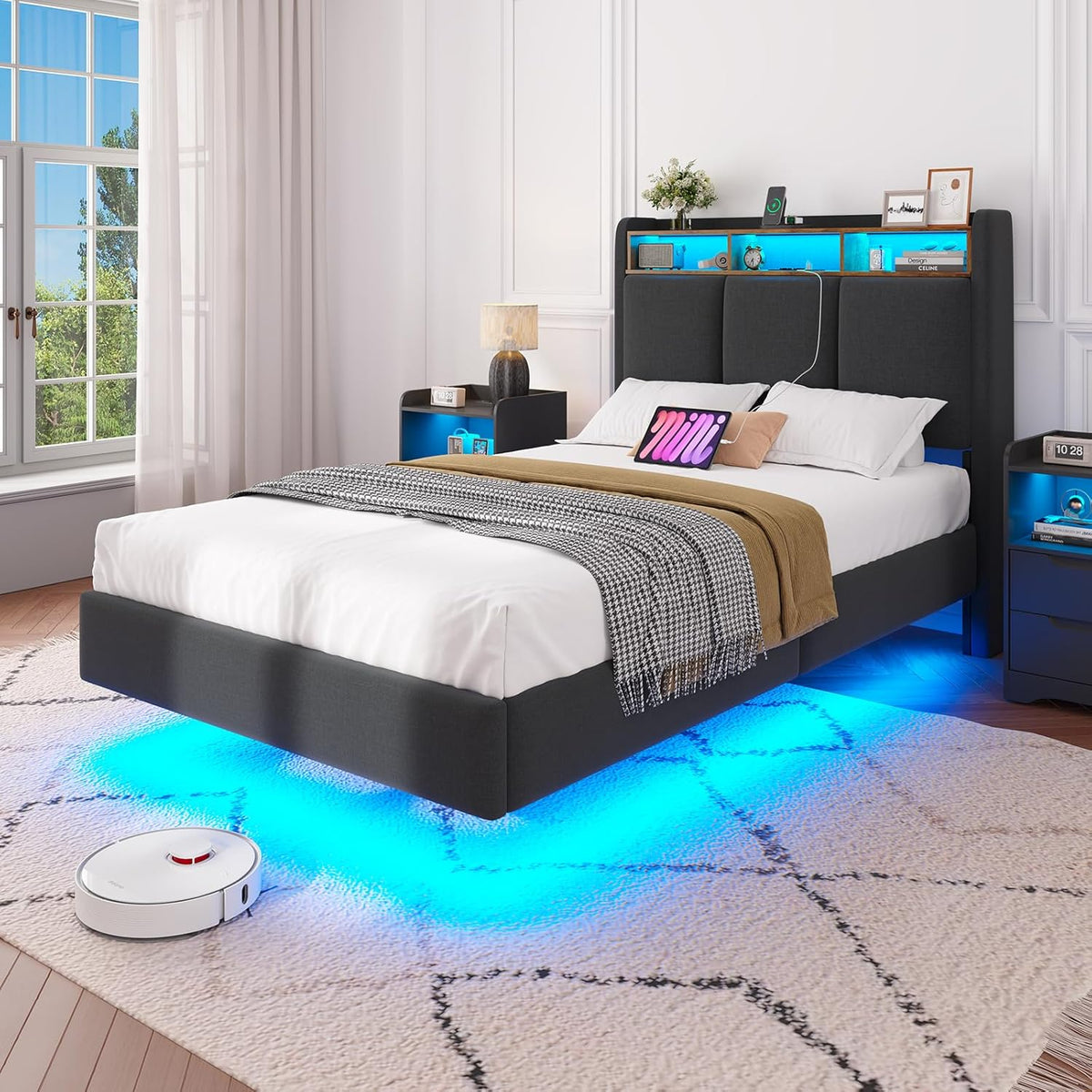 Cama tapizada Brinlawb 90x200 cm, cama flotante con iluminación LED y estación de carga (2 tomas de CA, 1 puerto USB-A, 1 puerto USB-C), cama juvenil 90x200 con cabecero acolchado, cama 90x200 con espacio de almacenamiento, gris